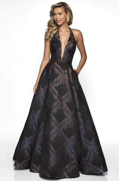 Blush by Alexia Designs - C2053 Plunging Halter Ballgown Special Occasion Dress 0 / Fuchsia Metallic