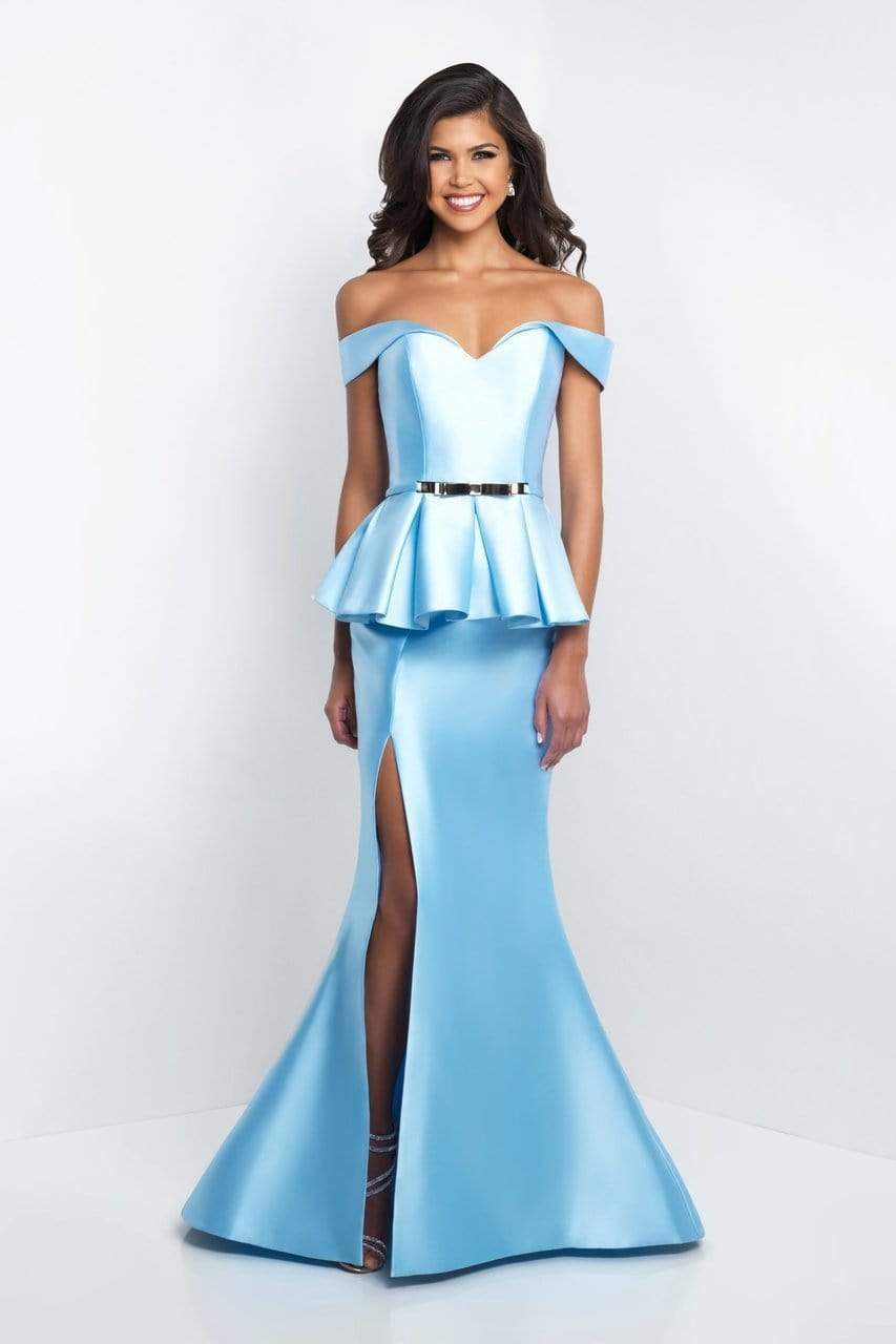 Blush - C1048 Off-Shoulder Pleated Peplum Sheath Dress Special Occasion Dress 0 / Sky Blue