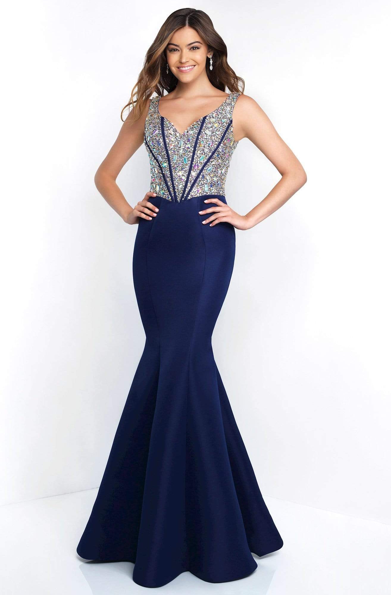 Blush - C1086 Sleeveless Crystal Beaded Mikado Evening Gown Special Occasion Dress 0 / Navy