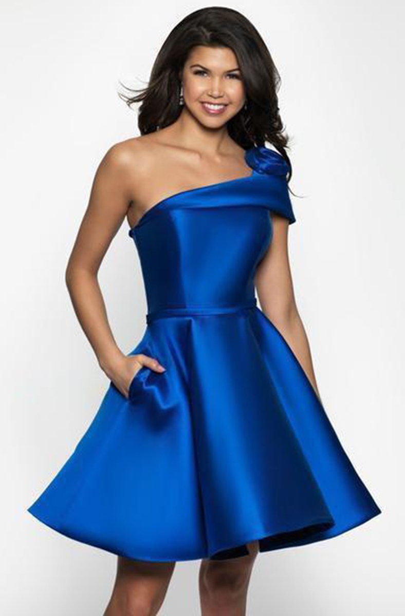Blush Couture - C1133 Rosette One Shoulder Strap A-Line Cocktail Dress In Blue