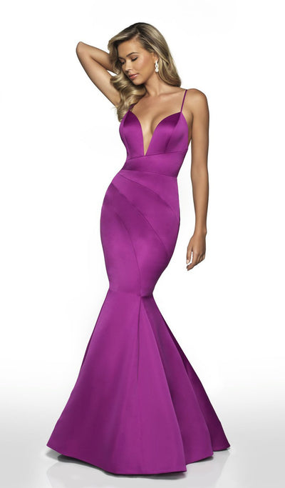 Blush by Alexia Designs - C2018 V Neck Backless Satin Mermaid Gown In Purple