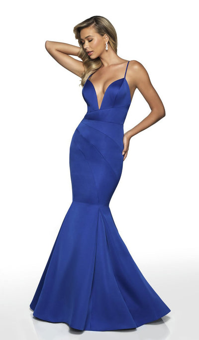 Blush by Alexia Designs - C2018 V Neck Backless Satin Mermaid Gown In Blue