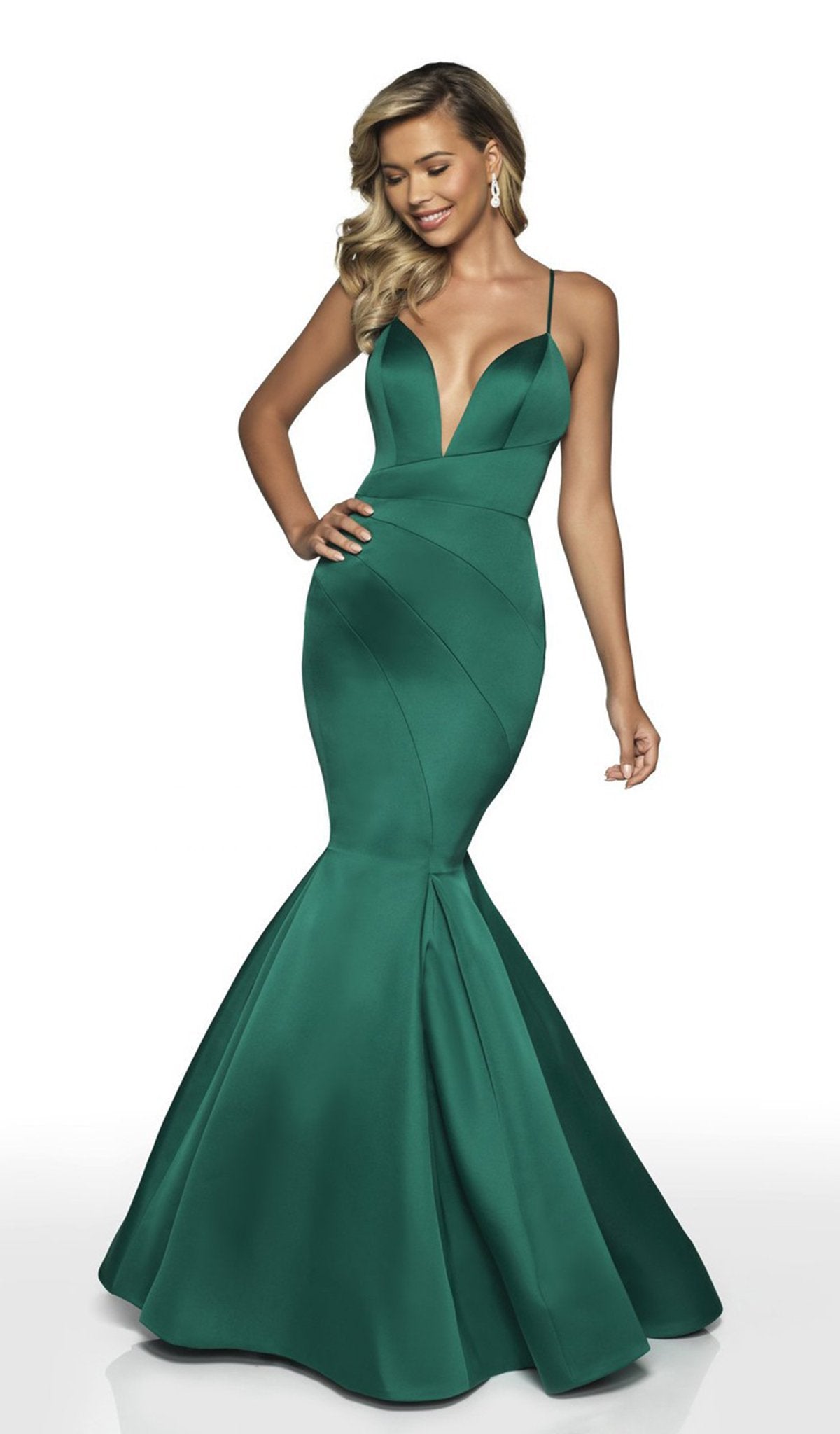 Blush by Alexia Designs - C2018 V Neck Backless Satin Mermaid Gown In Green