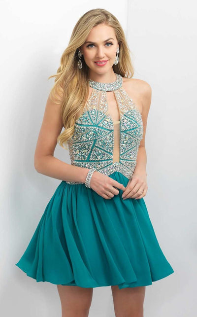 Blush - Embellished Illusion High Neck  A-line Dress 11164 Special Occasion Dress 0 / Seafoam Green