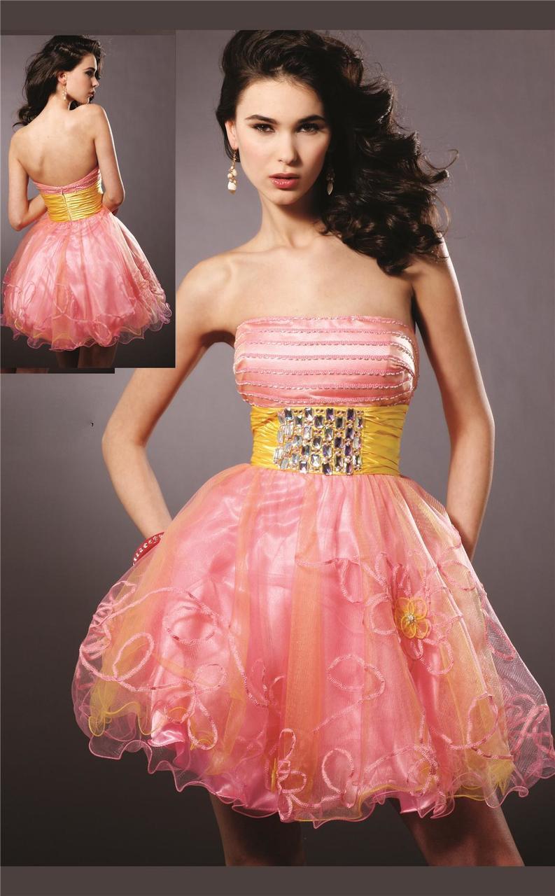 Blush - Embellished Straight Neck Curled A-line Dress 9123 Special Occasion Dress 0 / Yellow/Pink