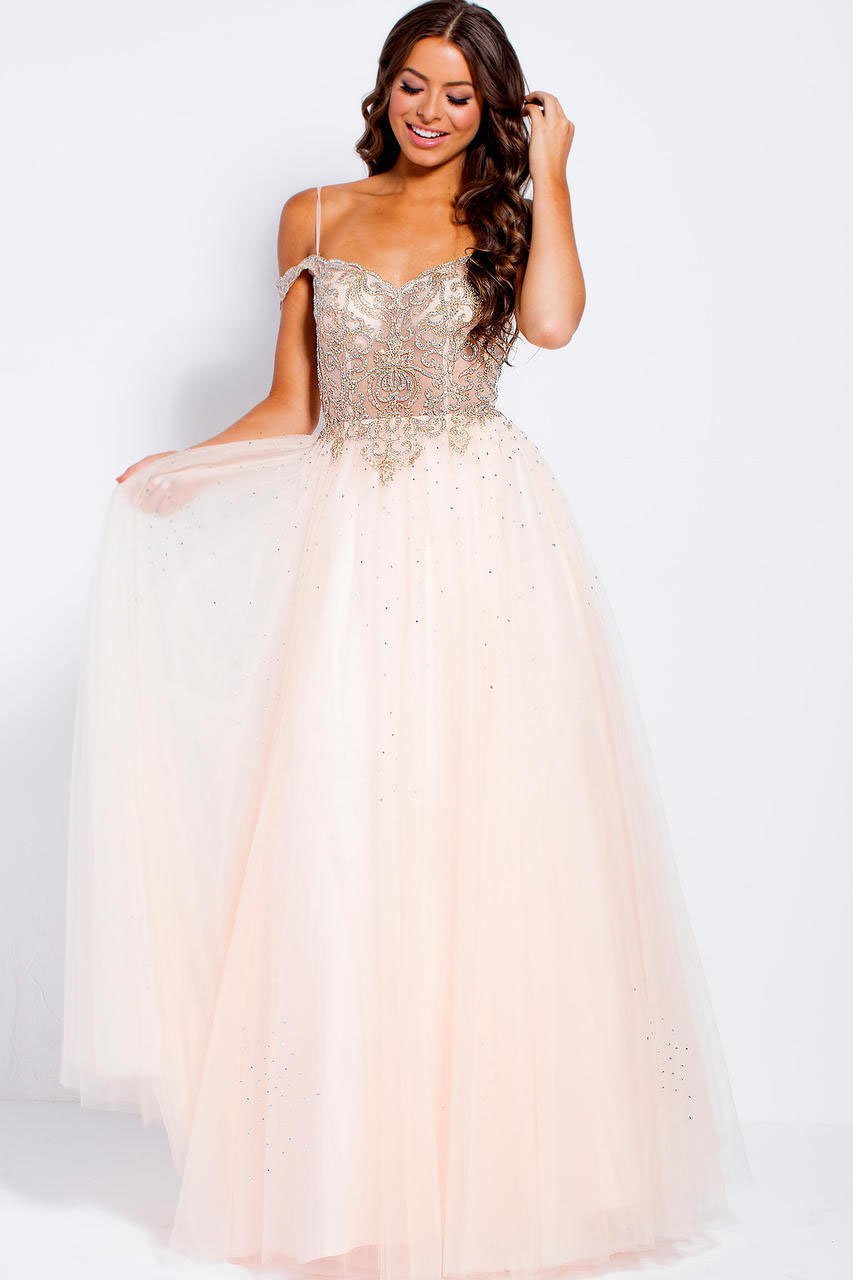 Jovani - Beaded Bodice Off Shoulder Tulle Evening Gown JVN58403SC In Pink and Gold