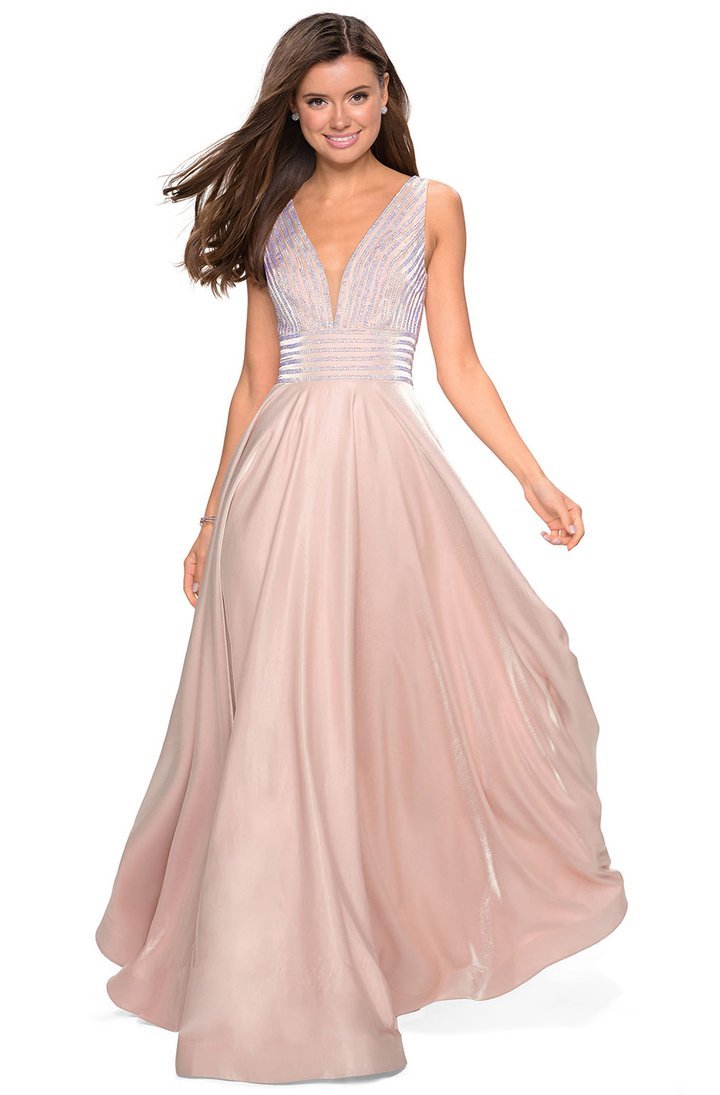 La Femme - 27205SC Embellished Deep V Neck Satin A-Line Gown