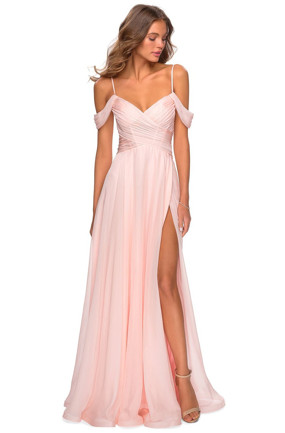 La Femme - Ruched Cold Shoulder A-Line Evening Dress 28942SC In Pink