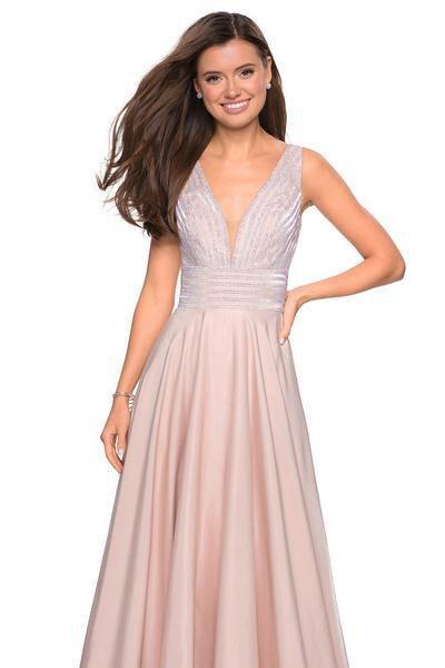 La Femme - 27205SC Embellished Deep V Neck Satin A-Line Gown