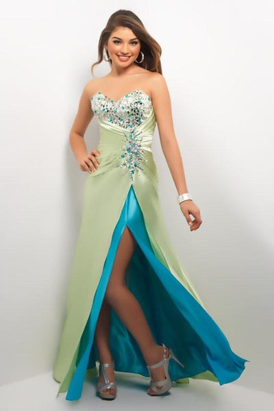 Blush - Strapless Embellished Long Gown with Slit 9591 Special Occasion Dress 0 / Seafoam/Aqua