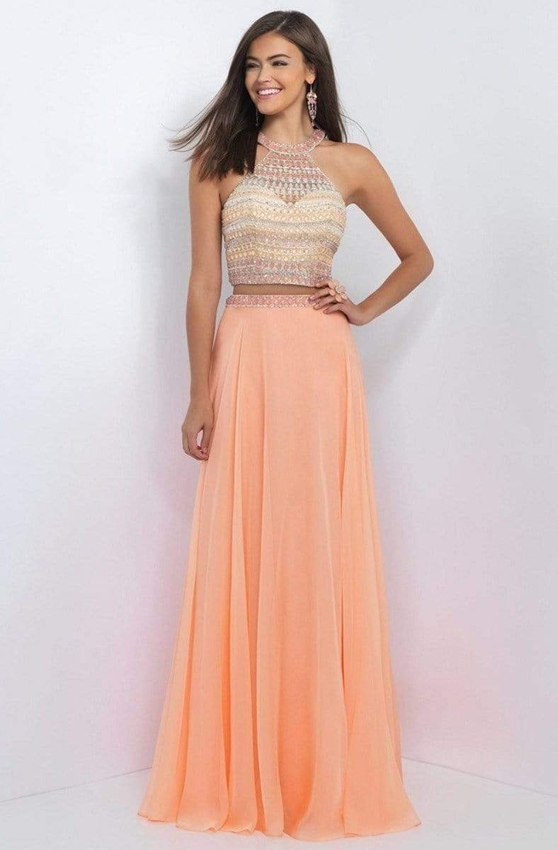 Blush - Two-Piece Bejeweled Illusion High Neck Gown 11056 Special Occasion Dress 0 / Cantaloupe