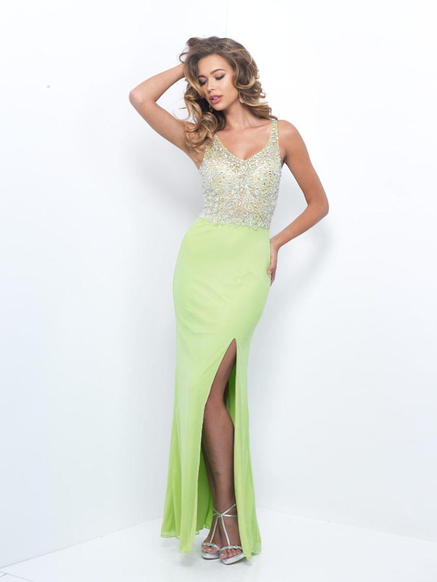 Blush - X401 Crystal Embellished Evening Gown with Slit Special Occasion Dress 0 / Lime