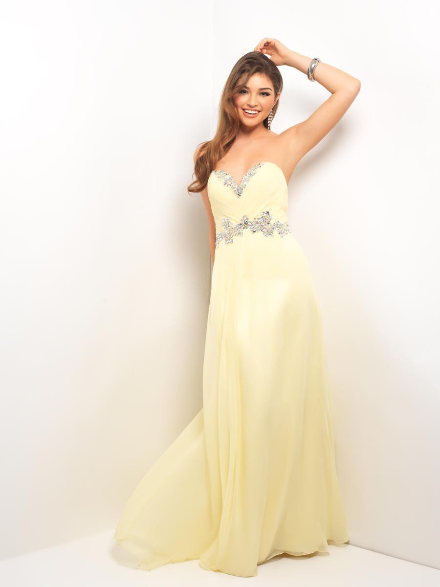 Blush - 9616 Strapless Pleated Long Dress with Floral Waistband Special Occasion Dress 0 / Yellow