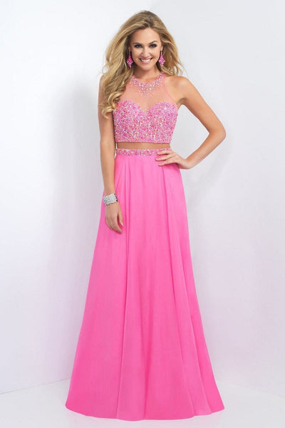 Blush - 11062 Bejeweled Illusion Halter Neck Chiffon A-line Gown Special Occasion Dress 0 / Peony