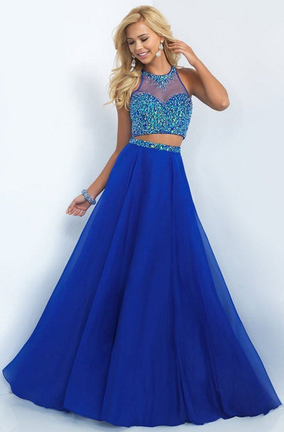 Blush - Bejeweled Illusion Halter Neck Chiffon A-line Gown 11062 in Blue