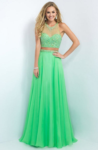Blush - Bejeweled Illusion Halter Neck Chiffon A-line Gown 11062 in Green