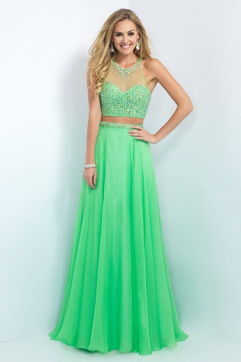 Blush - 11062 Bejeweled Illusion Halter Neck Chiffon A-line Gown Special Occasion Dress 0 / Apple Green