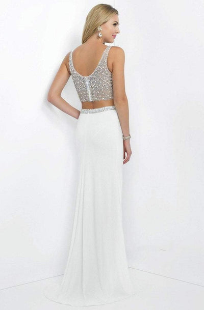 Blush - Two-piece Bejeweled V-Neck Jersey Sheath Gown 11107 in White