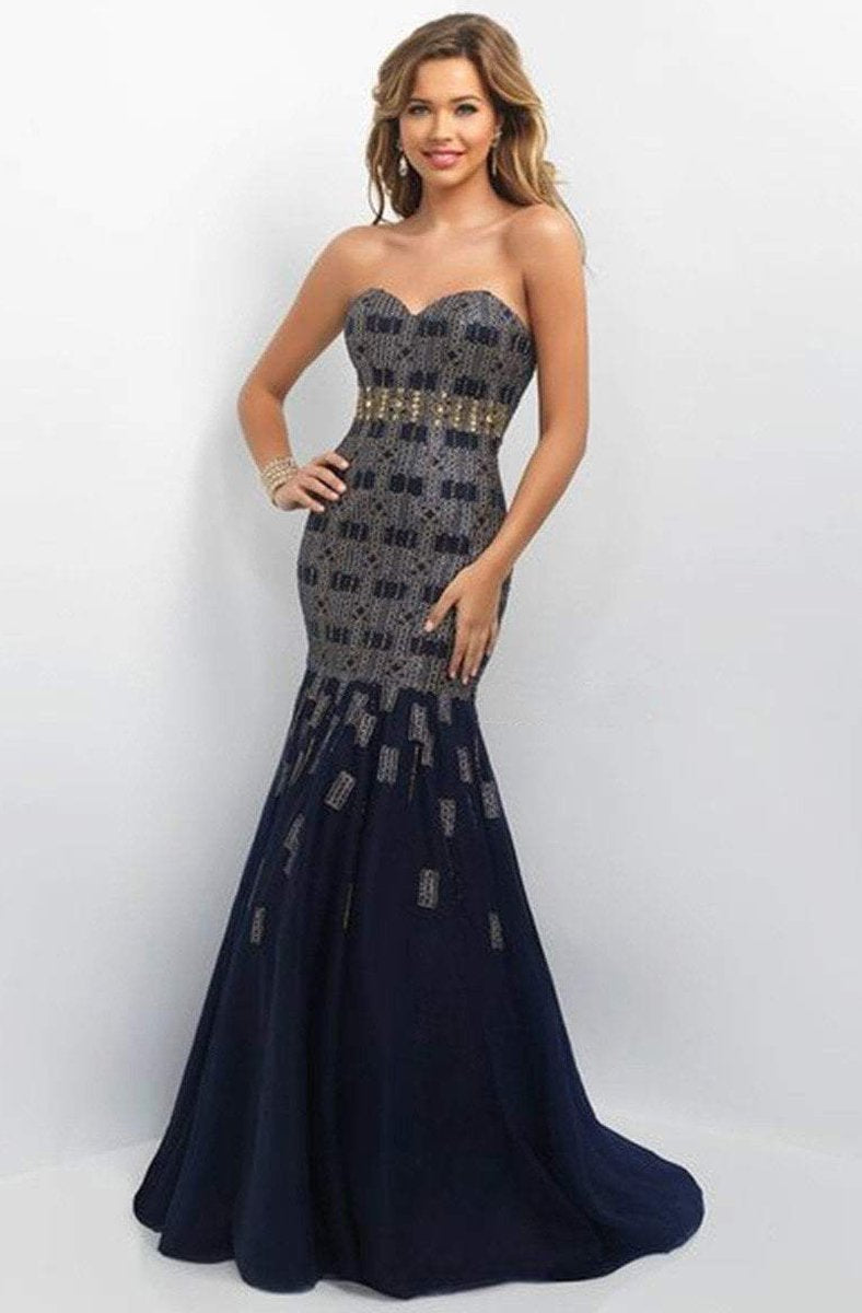 Blush - Embellished Sweetheart Satin Mermaid Dress 11130 In Blue and Gold