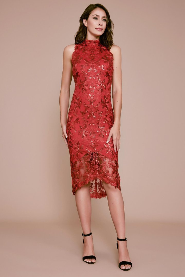 Tadashi Shoji - Sequin Embroidered Midi Chan Dress In Red