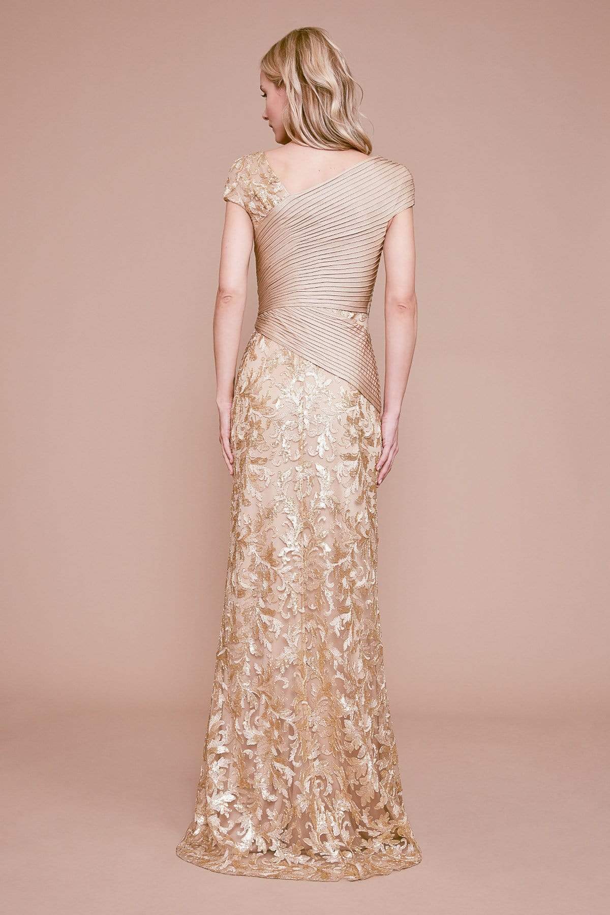 Tadashi Shoji - Anise Draped Pintuck Sequin Gown Evening Dresses