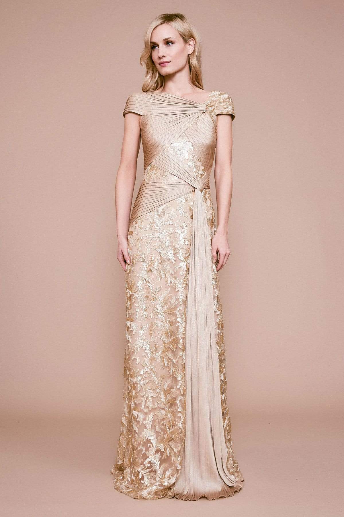 Tadashi Shoji - Anise Draped Pintuck Sequin Gown Evening Dresses 00 / Gold