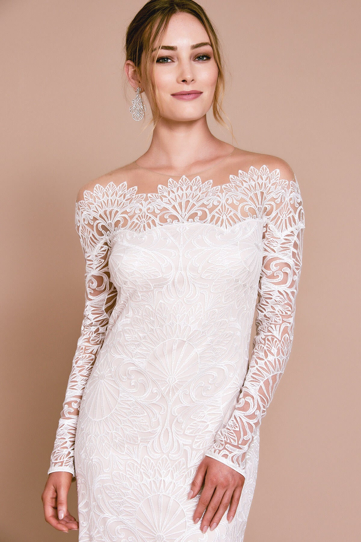 Tadashi Shoji - Illusion Scalloped Long Sleeve Long Dress