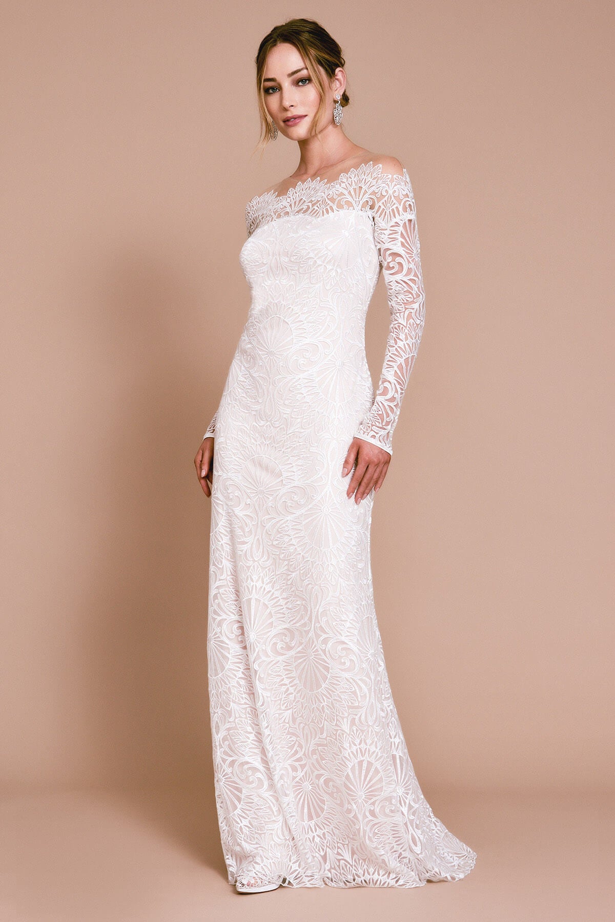 Tadashi Shoji - Illusion Scalloped Long Sleeve Long Dress