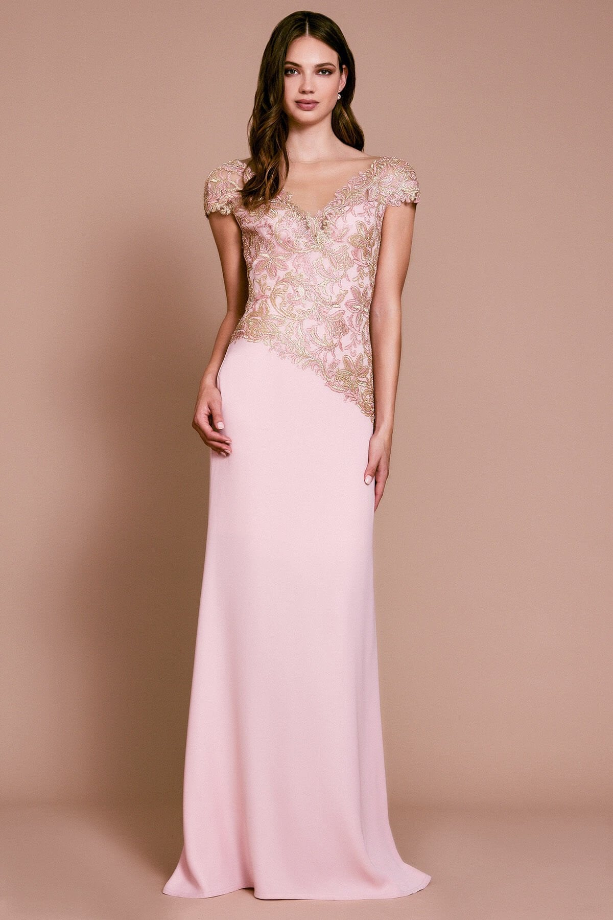 Tadashi Shoji - Short Sleeve Metallic Applique Gown In Pink and Gold