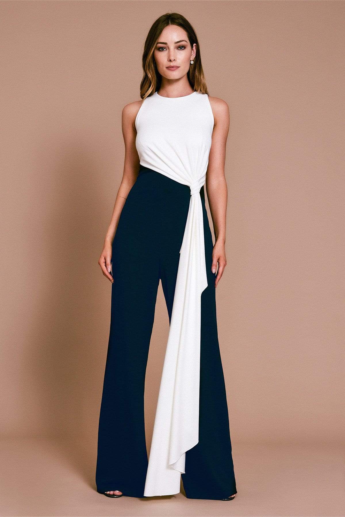 Tadashi Shoji - Crosby Textured Crepe Jumpsuit Evening Dresses 00 / White/Navy
