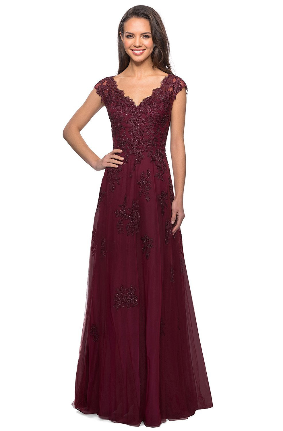 La Femme - Cap Sleeve V-Neck Floral Lace Appliqued Tulle Dress 26942SC In Red