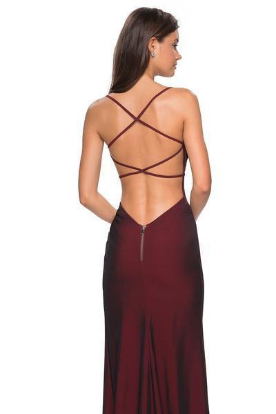 La Femme - 27660 Plunging Back Ruched High Slit Gown In Red