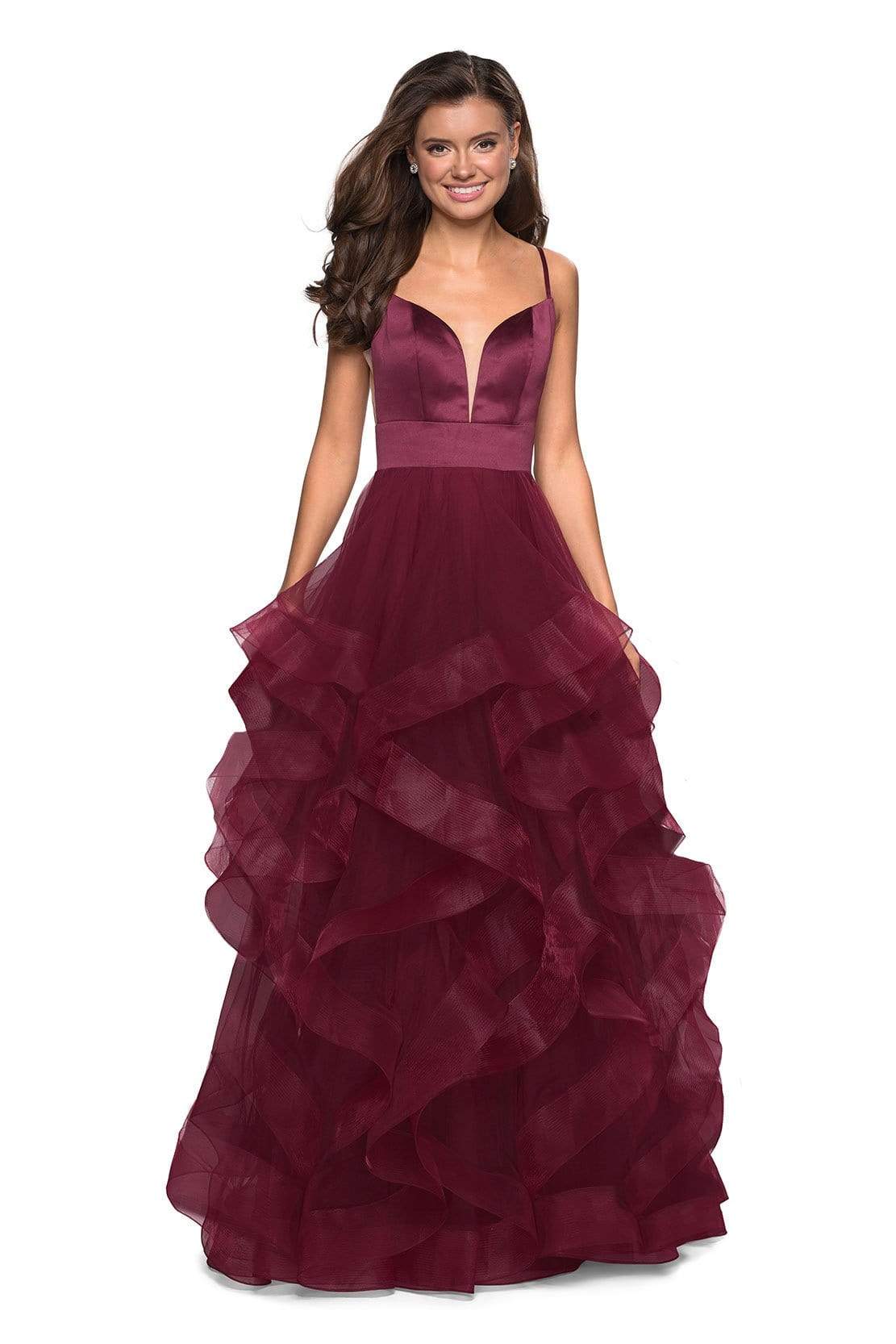 La Femme - 27024 Sleeveless Plunging Illusion Neckline Ruffles Ballgown Special Occasion Dress 00 / Burgundy