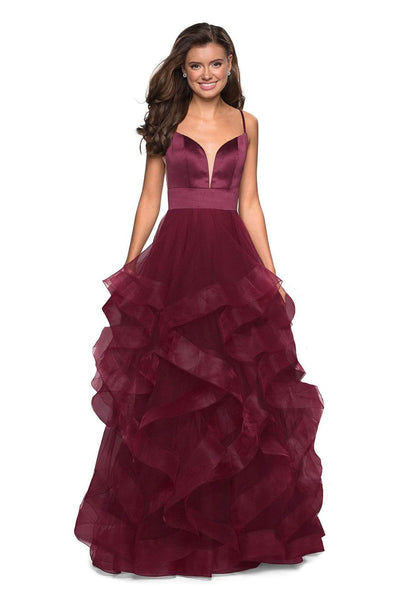 La Femme - 27024 Sleeveless Plunging Illusion Neckline Ruffles Ballgown Special Occasion Dress 00 / Burgundy