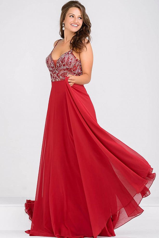 Jovani - Beaded Bodice Open Back Chiffon Dress JVN33701 in Red