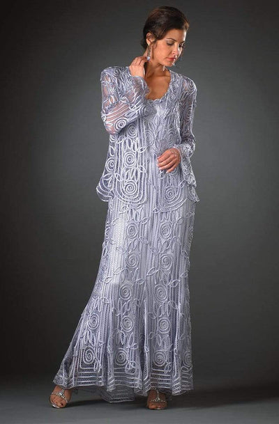 Soulmates - C1068 Beaded Silk Lace Collar Jacket with Godet Dress Set Mother of the Bride Dresses Ice / S