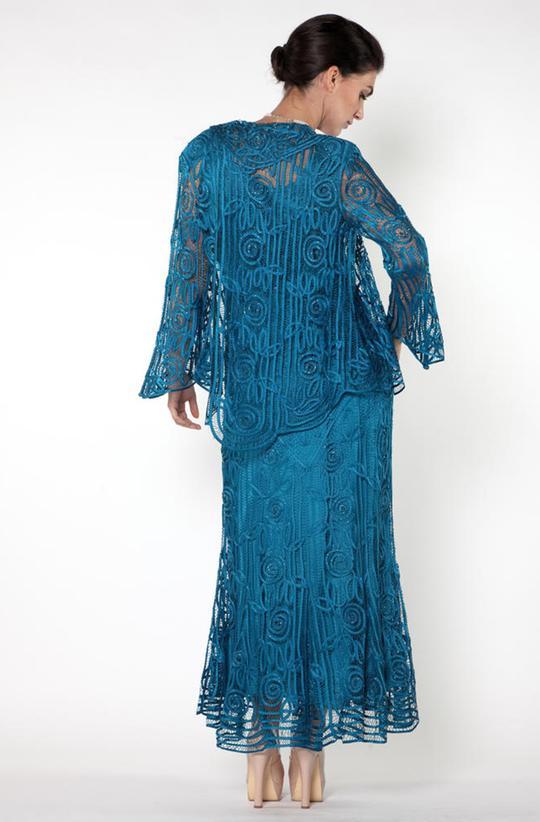 Soulmates - Beaded Silk Lace Collar Jacket with Godet Dress Set C1068 In Blue