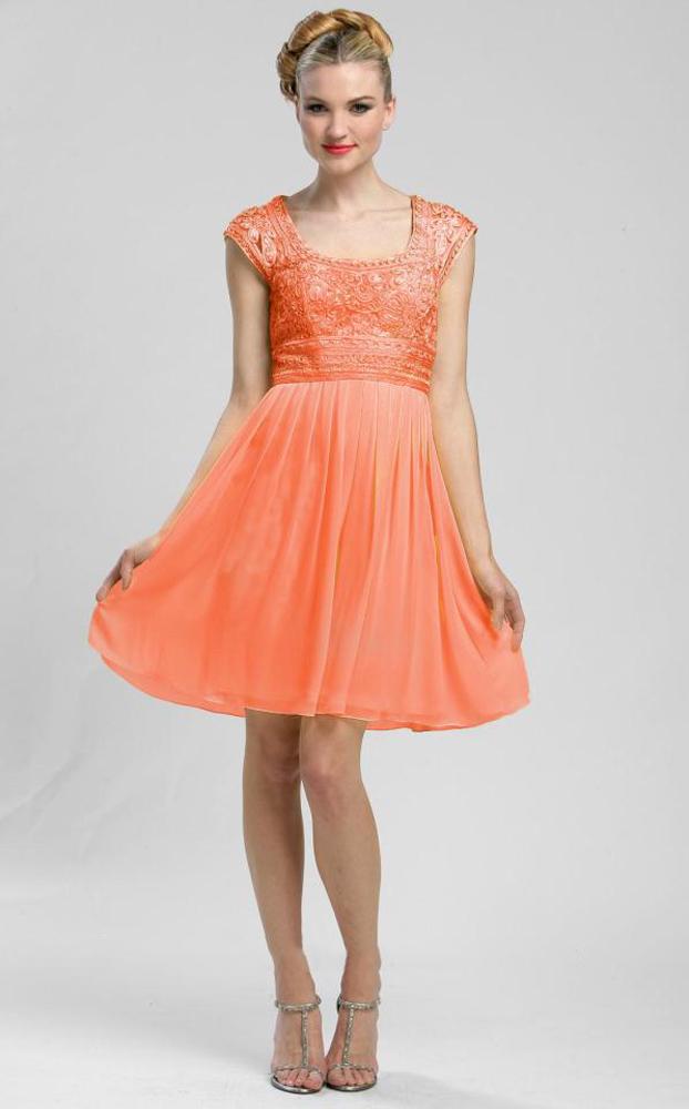 Sue Wong - C3207 Cap Sleeve Soutache Detailed A-Line Dress In Orange
