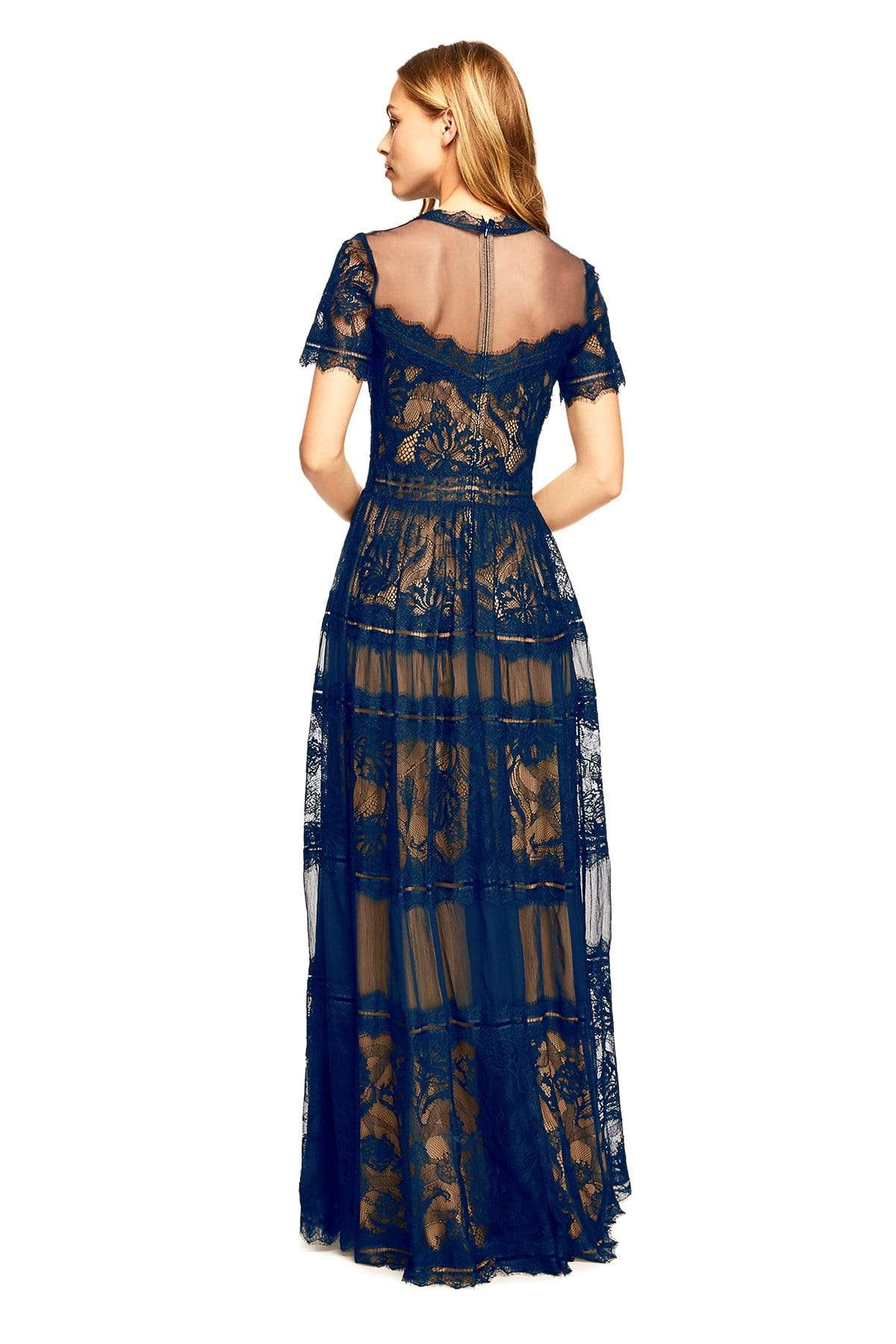 Tadashi Shoji - Lace Gathered Jewel A-Line Dress In Blue