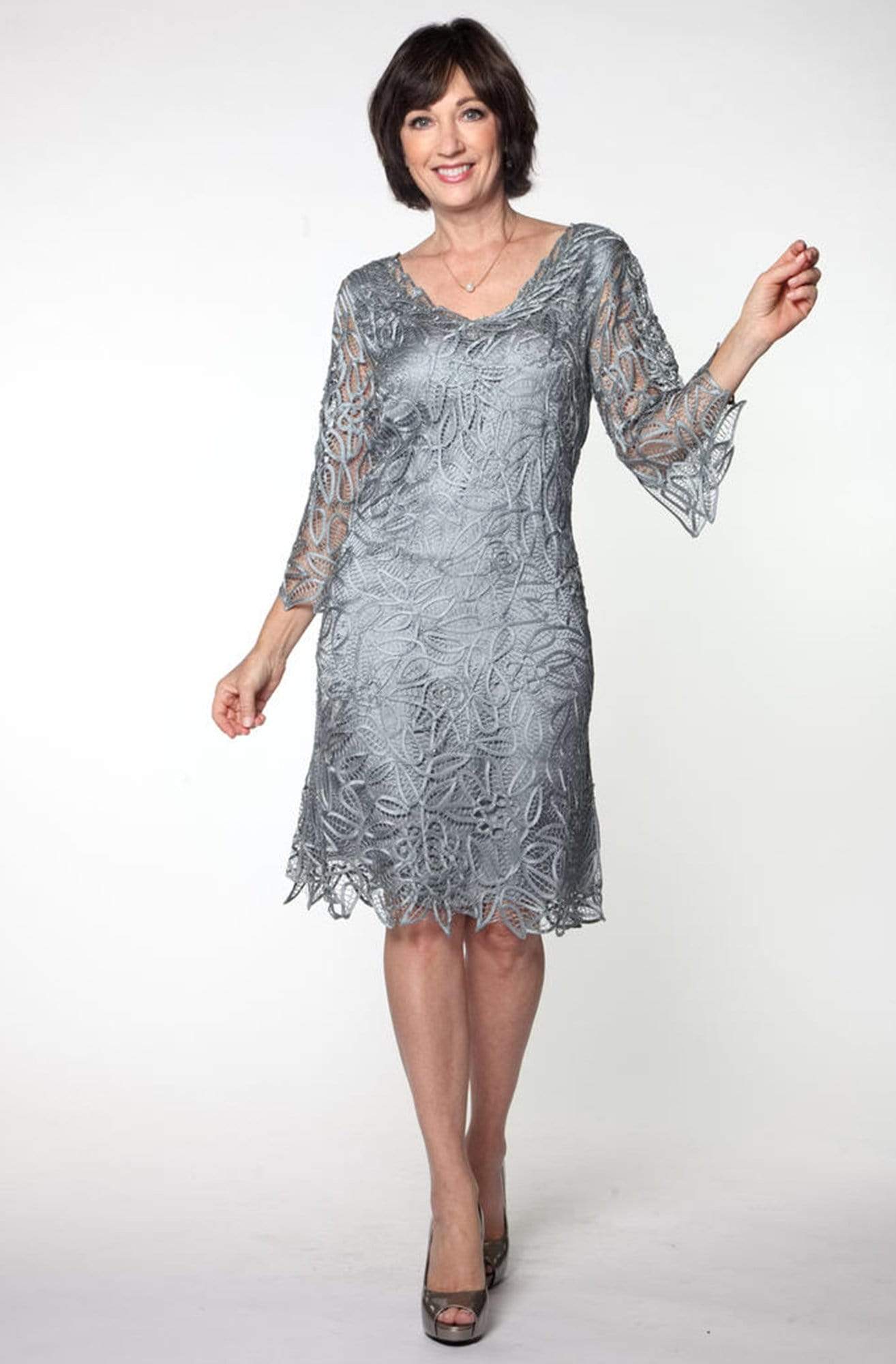 Soulmates - C903 Crochet Lace V-Neck 3/4 Bell-Sleeve Dress Mother of the Bride Dresses Frosty Blue / S