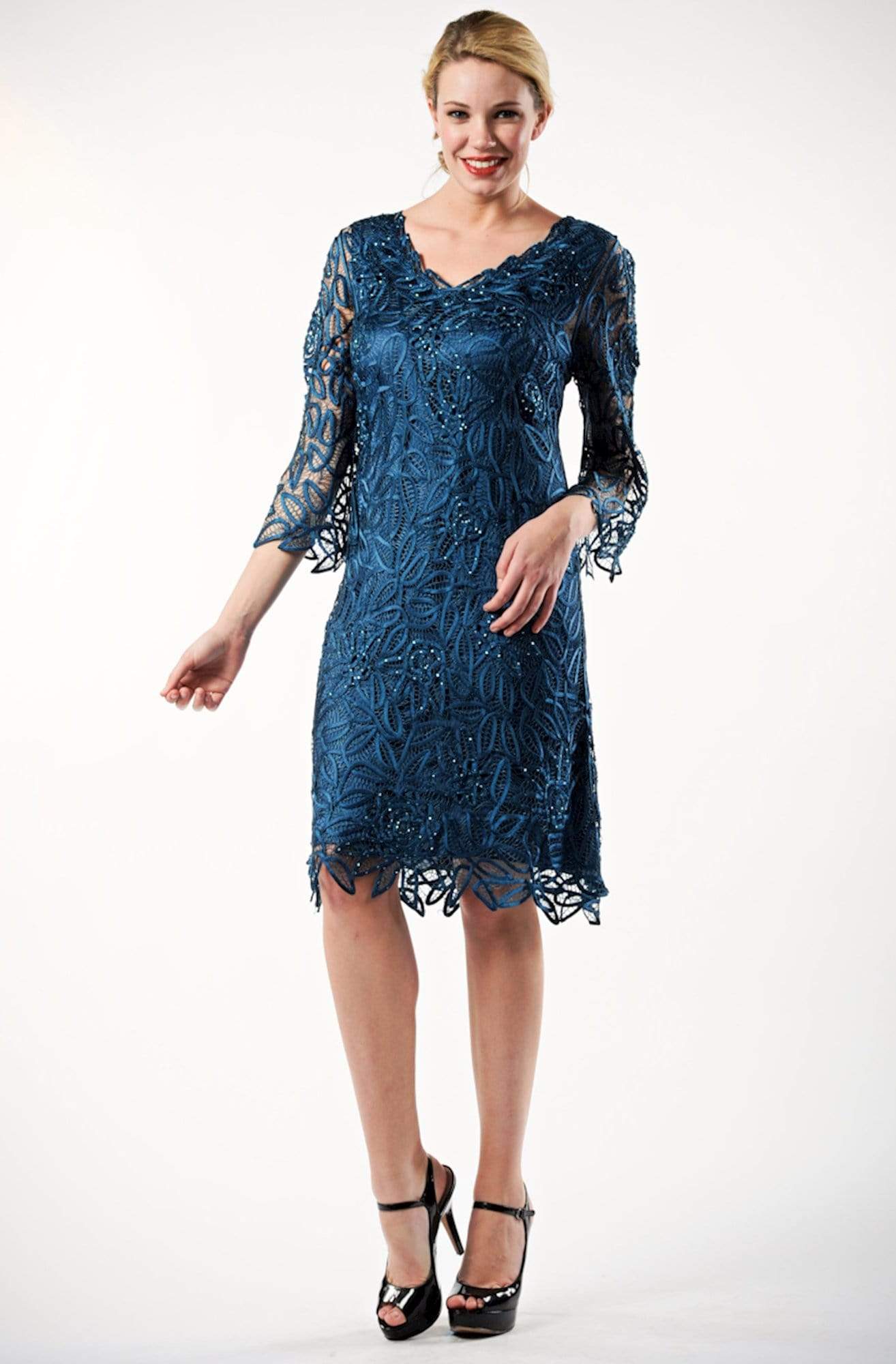 Soulmates - C903 Crochet Lace V-Neck 3/4 Bell-Sleeve Dress Mother of the Bride Dresses Ocean / S