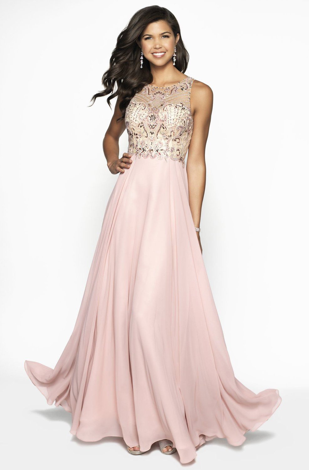 Blush by Alexia Designs - 11715 Beaded Jewel Neck Chiffon A-line Dress In Pink