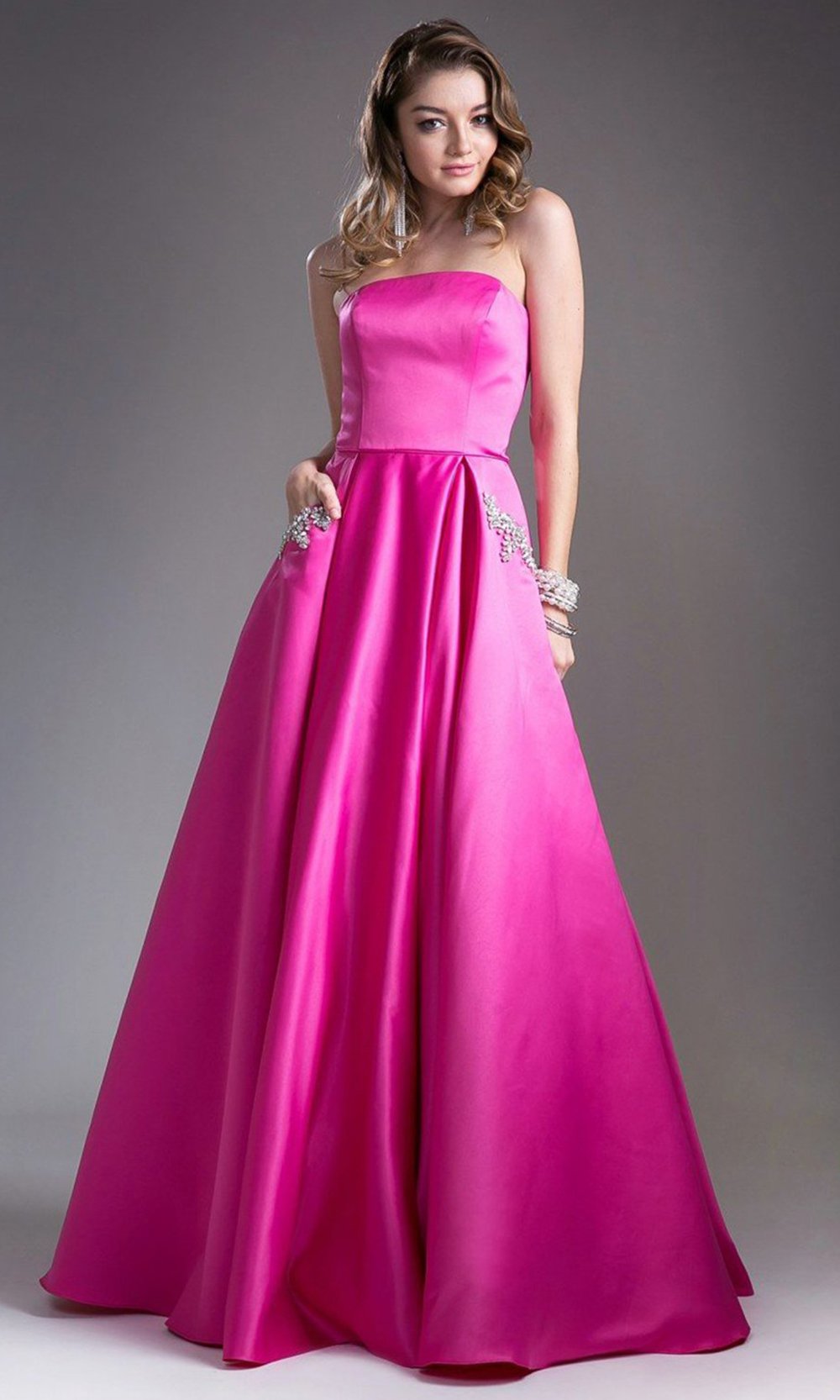 Cinderella Divine - CA304 Strapless Straight Neckline Satin A-Line Gown In Pink