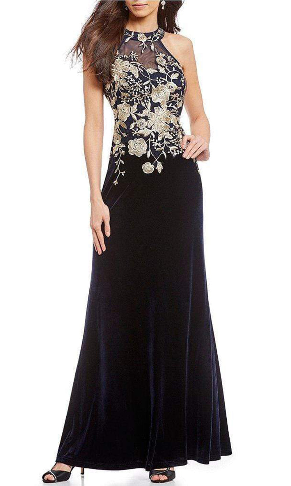 Cachet - Floral Embroidered Halter Evening Dress 59820 - 1 pc Black Gold In Size 4 Available CCSALE 16 / Black Gold