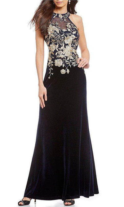 Cachet - Floral Embroidered Halter Evening Dress 59820 - 1 pc Black Gold In Size 4 Available CCSALE 16 / Black Gold