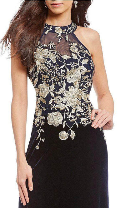 Cachet - Floral Embroidered Halter Evening Dress 59820 - 1 pc Black Gold In Size 4 Available CCSALE 16 / Black Gold