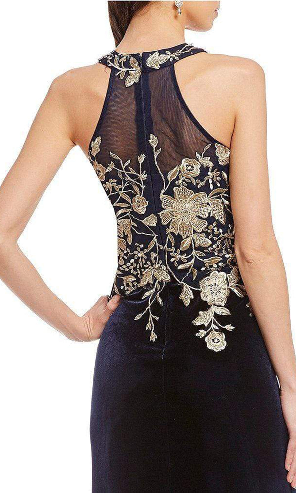 Cachet - Floral Embroidered Halter Evening Dress 59820 - 1 pc Black Gold In Size 4 Available CCSALE 16 / Black Gold