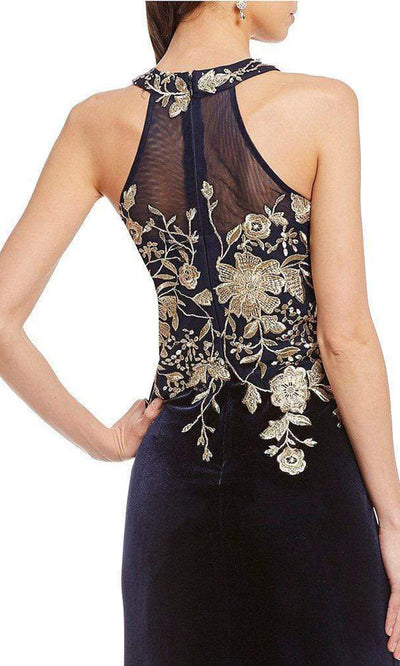 Cachet - Floral Embroidered Halter Evening Dress 59820 - 1 pc Black Gold In Size 4 Available CCSALE 16 / Black Gold