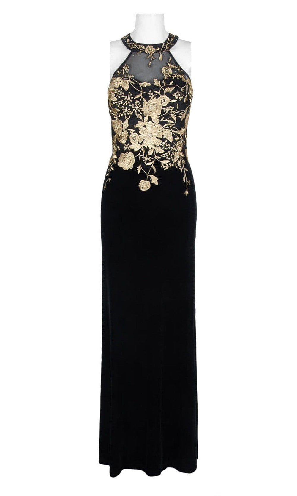 Cachet - Floral Embroidered Halter Evening Dress 59820 - 1 pc Black Gold In Size 4 Available CCSALE 16 / Black Gold