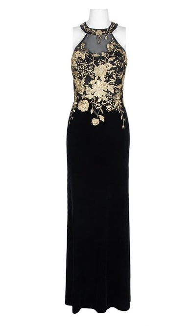 Cachet - Floral Embroidered Halter Evening Dress 59820 - 1 pc Black Gold In Size 4 Available CCSALE 16 / Black Gold